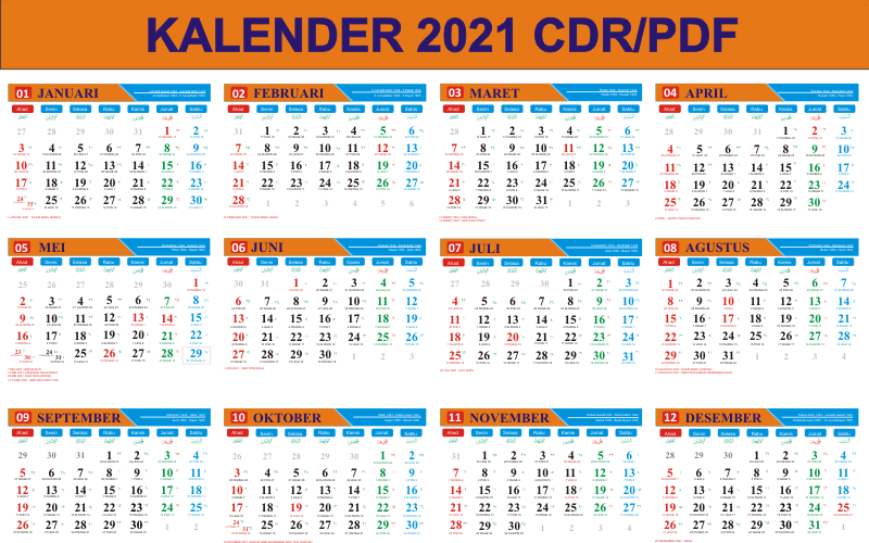 Kalender 2021 CDR PDF Lengkap dengan Hari Libur Nasional,Hari Pasaran Kalender Jawa, Kalender Hijriyah